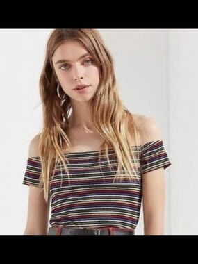 Urban Outfitters Off-Shoulder Multi-Stripe Crop Top - Black Multi